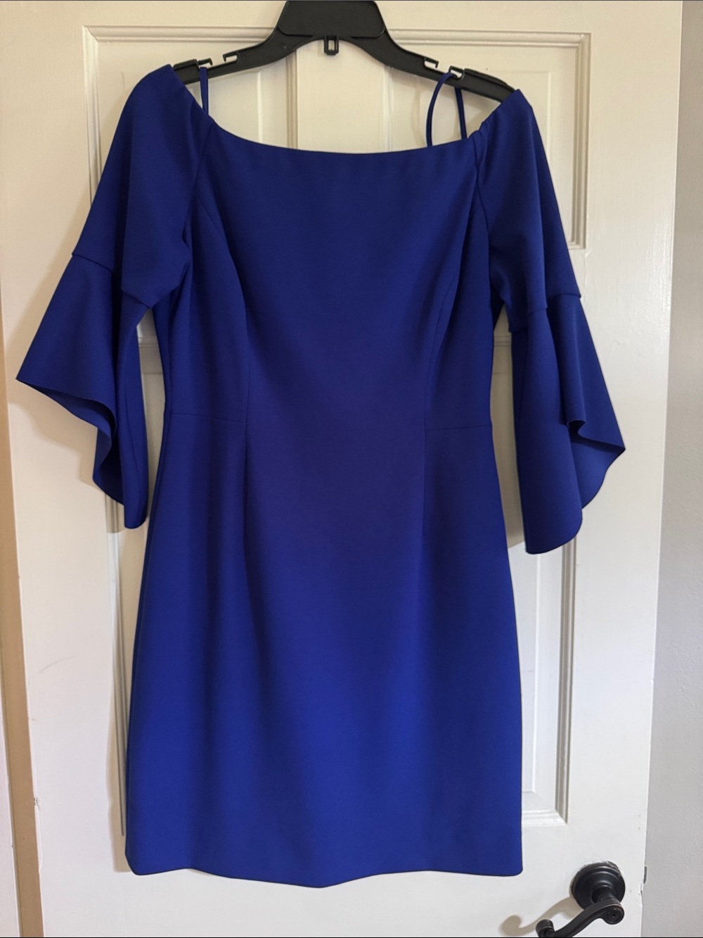 ANTONIO MELANI Cobalt Blue Off-Shoulder Mini Dress with Layered Flutter Sleeves